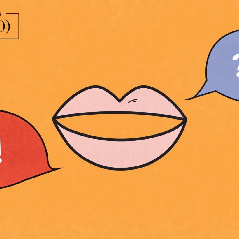 An animated illustration of lips and two speech bubbles surrounding them.