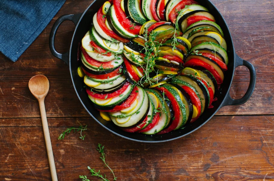 Ratatouille with eggplants, zucchini and tomatoes.