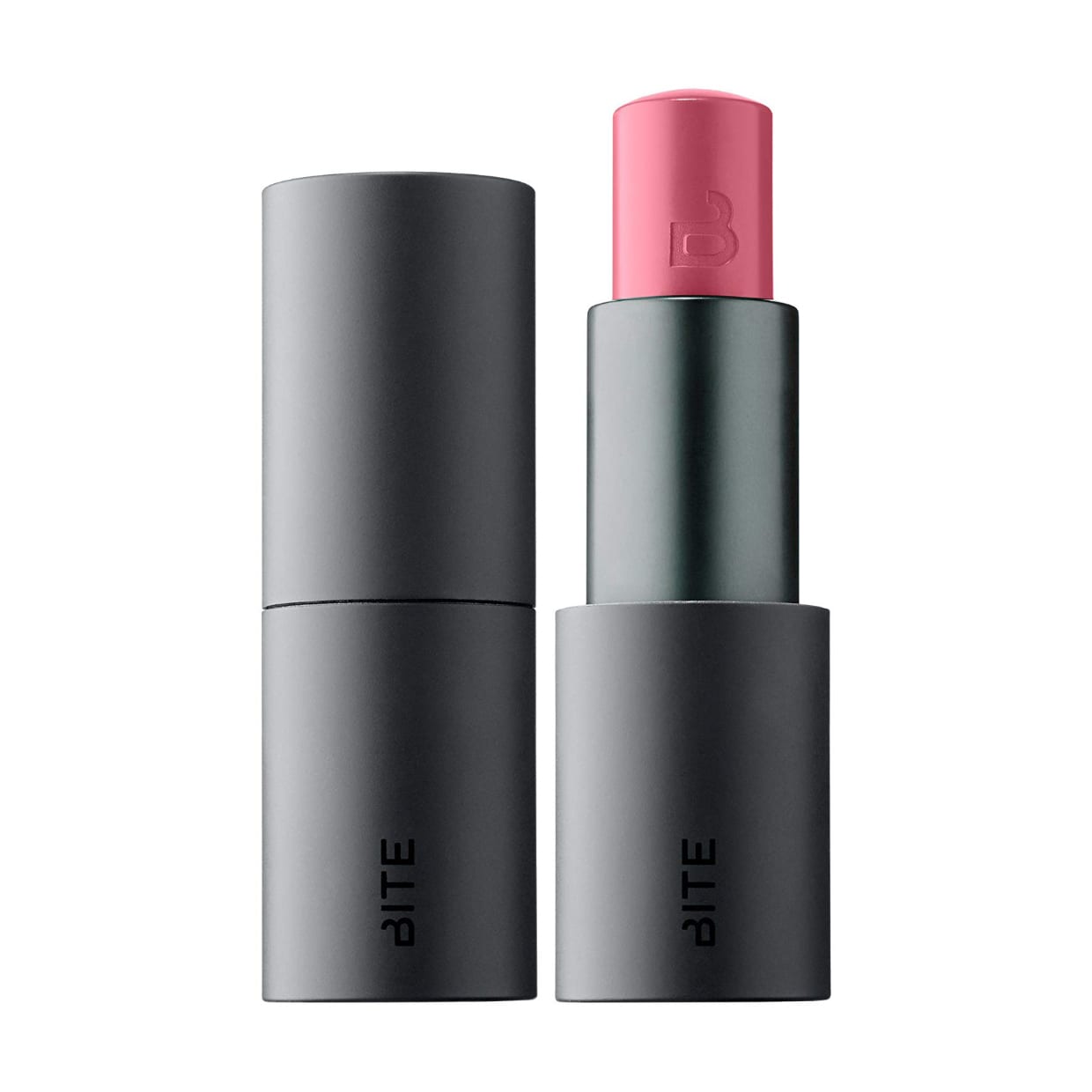 A black tube of pink lipstick.
