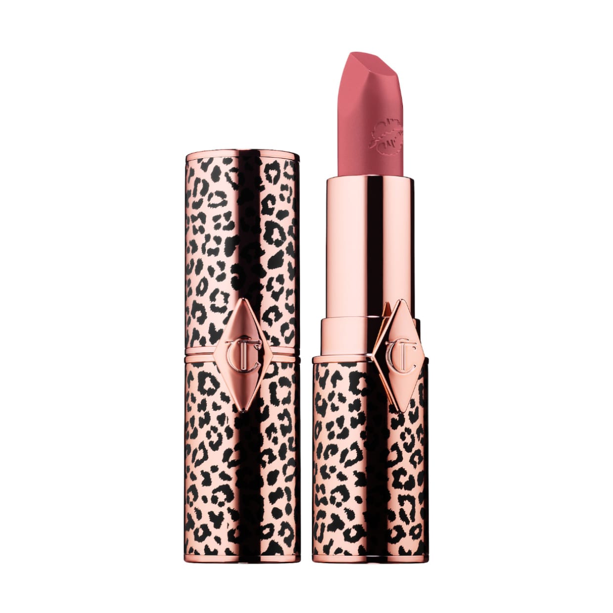 A gold leopard print tube of pink lipstick.