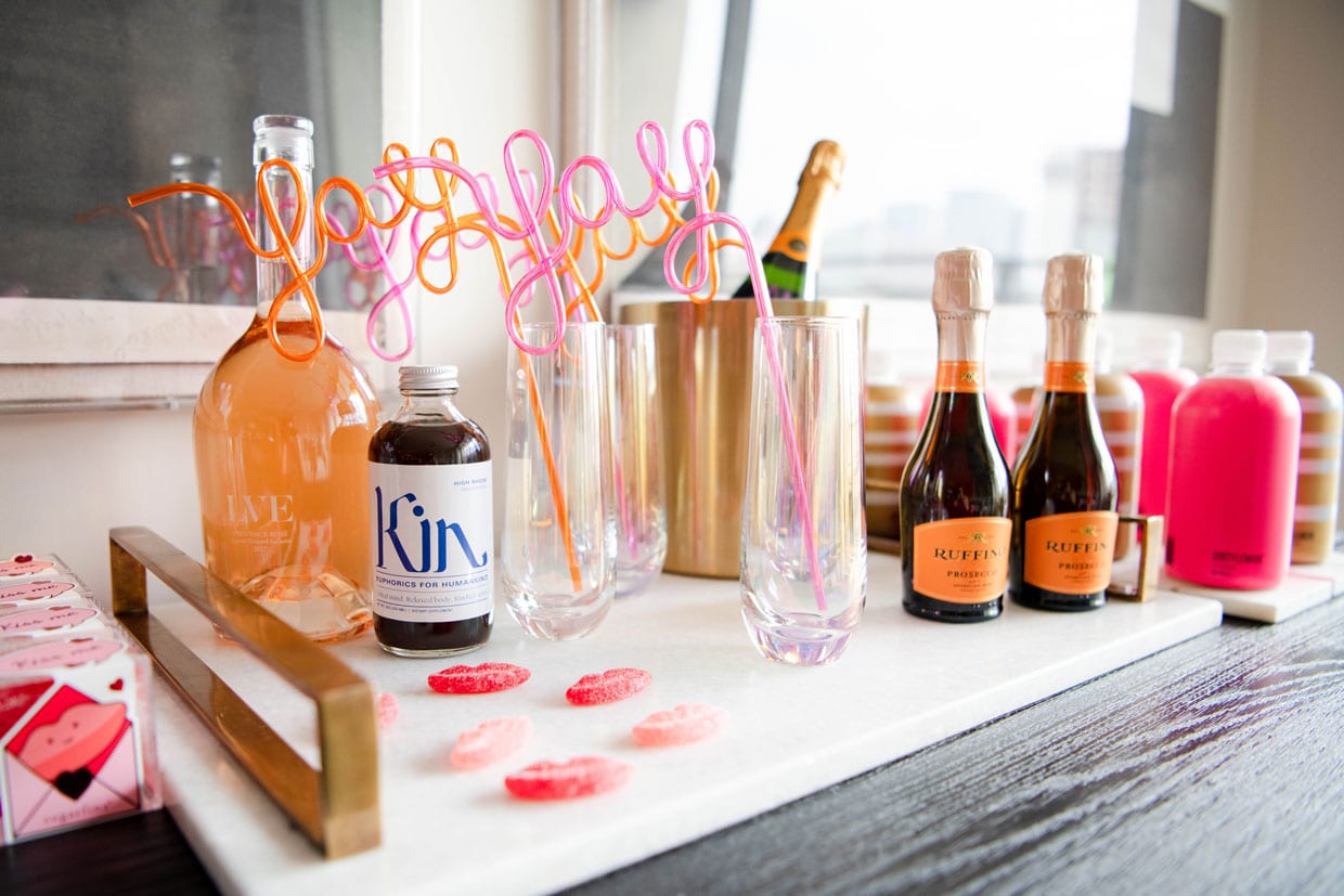 A bar set up with Rosé, Champagne, Prosecco, Dirty Lemon, and Vybes.