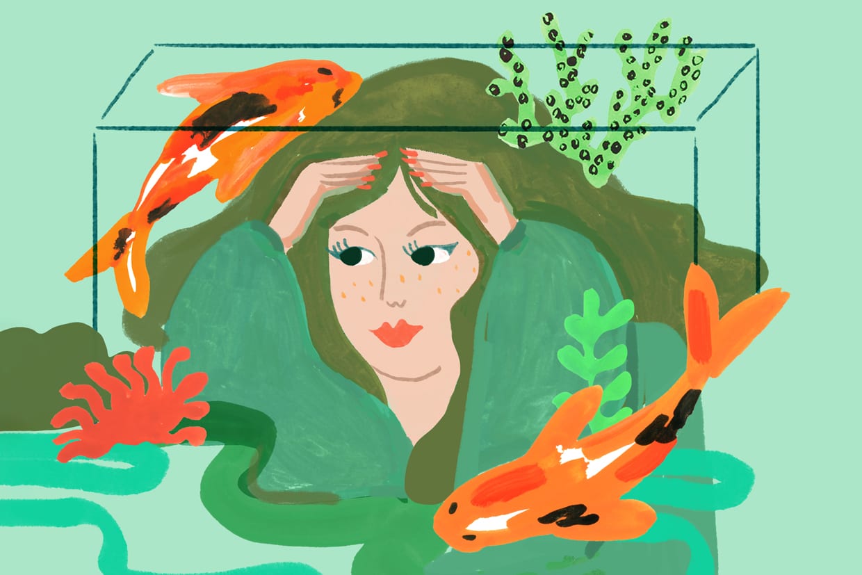 An illustration of a woman in a fish tank.