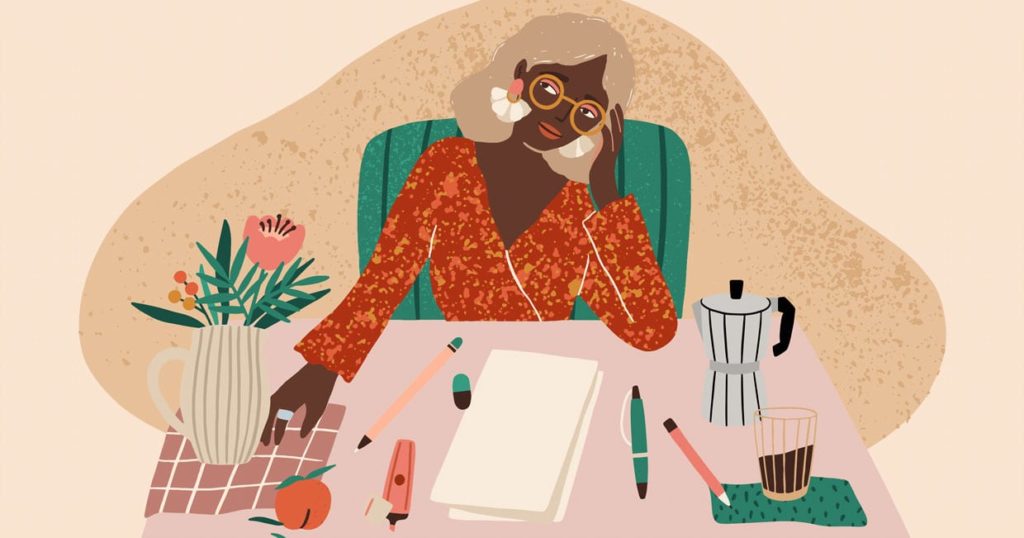 Illustration of a young pensive woman sitting at desk with clean sheet of paper in front of her.
