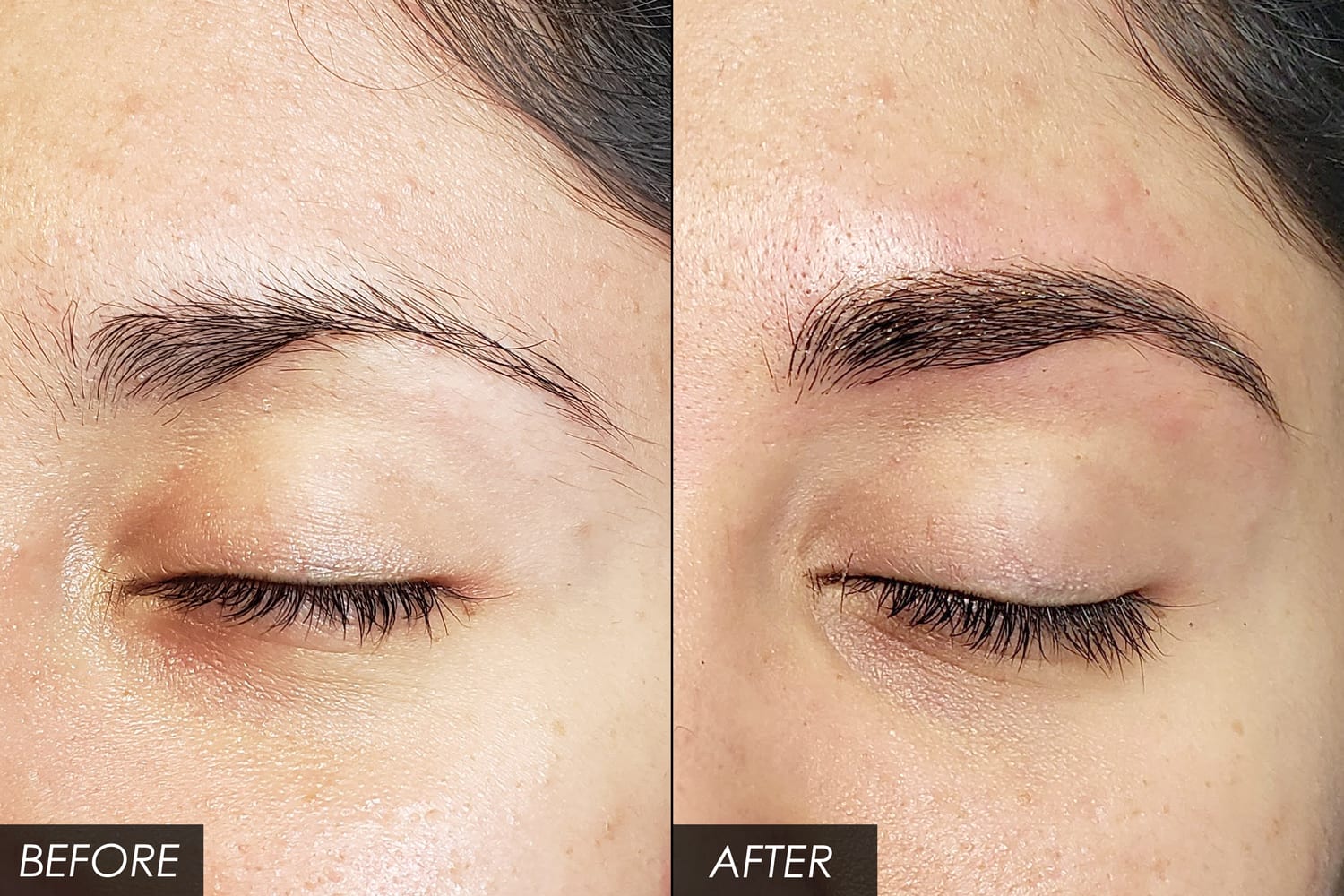 A closeup of a woman's eyebrows before and after a microblading session.