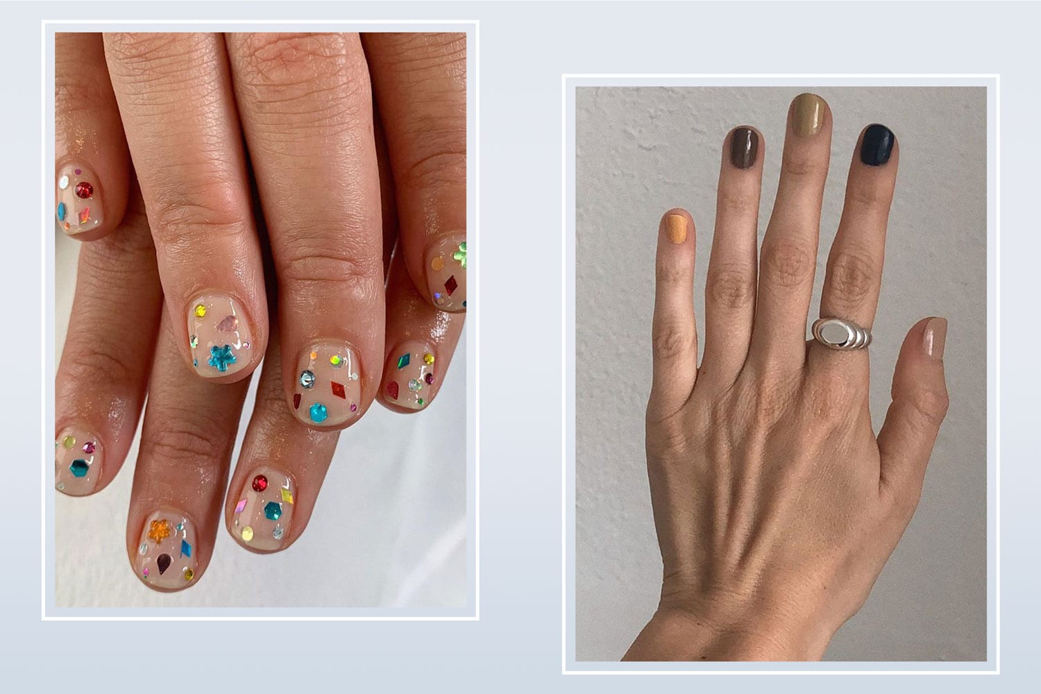 A side by side of two hands with nail art.