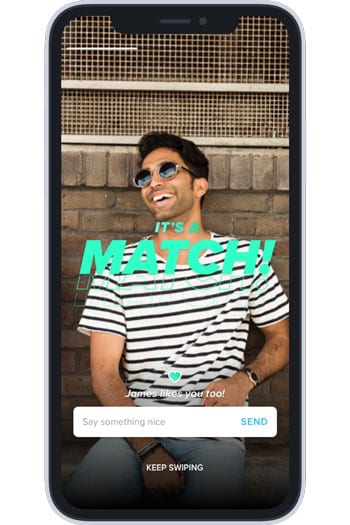 A phone screen showing a match on Tinder.