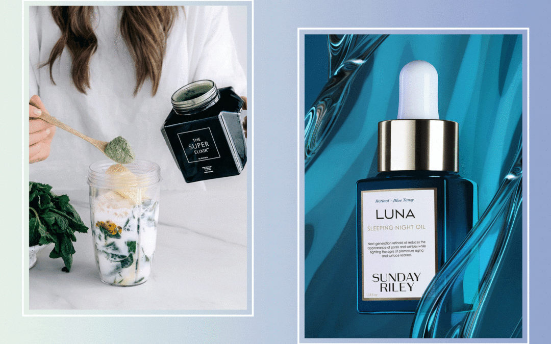 A side by side of a woman making a green smoothie and a blue bottle of Luna oil.