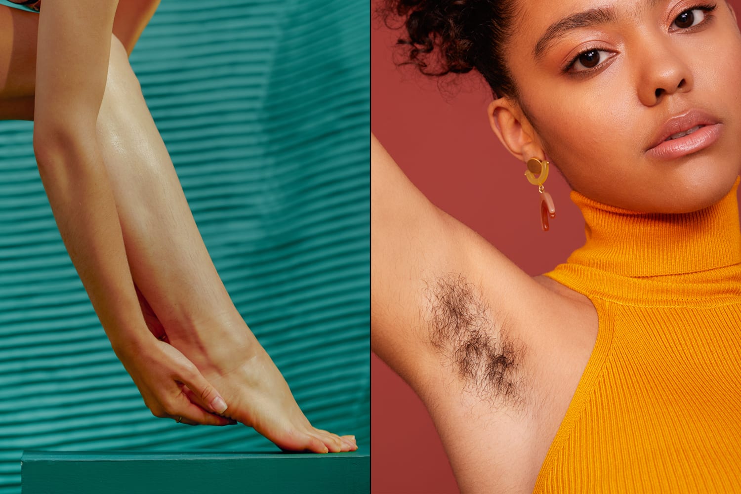 A side by side of a woman's unshaved leg and a woman showing her armpit hair.