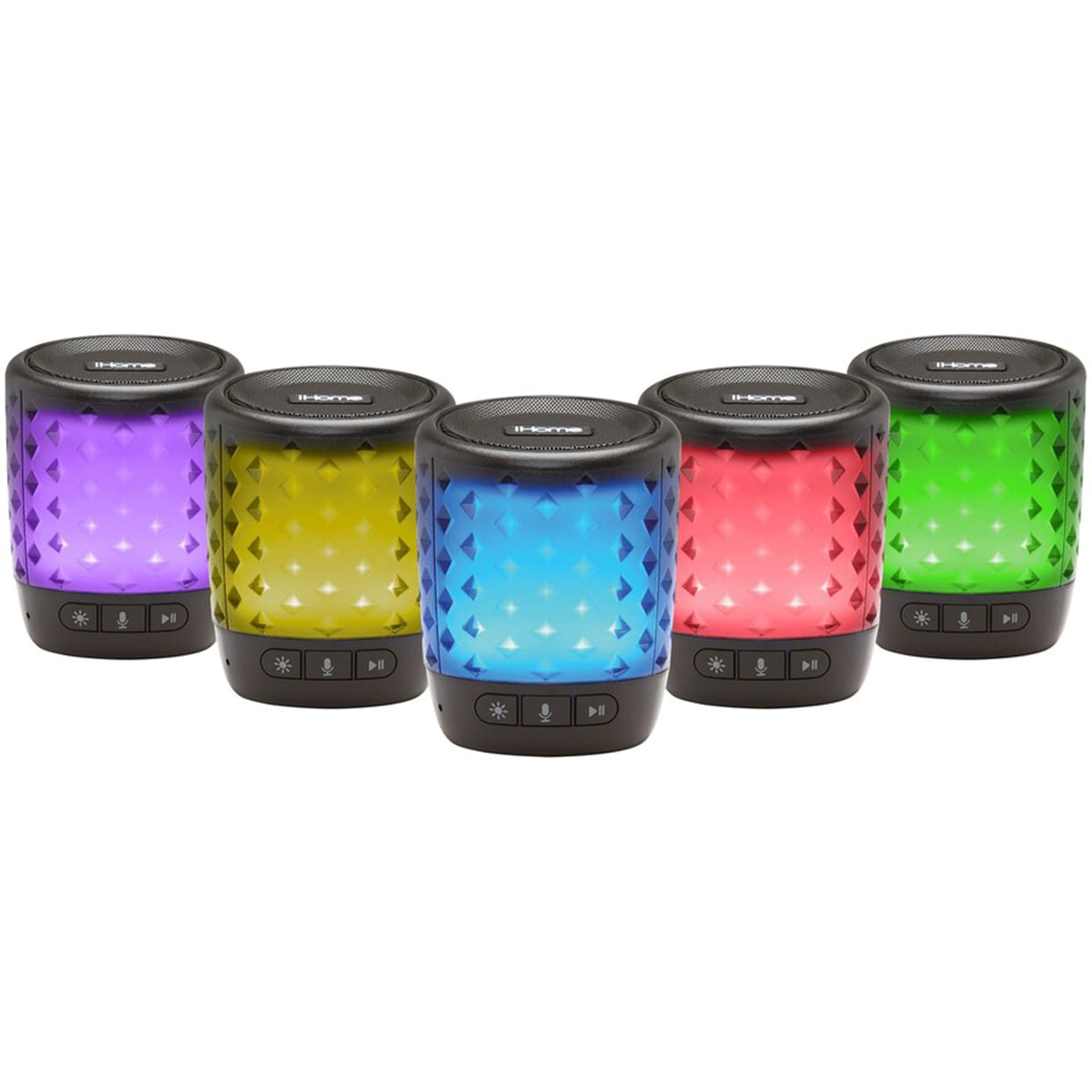 Five bluetooth speakers light up in purple, yellow, blue, red and green.