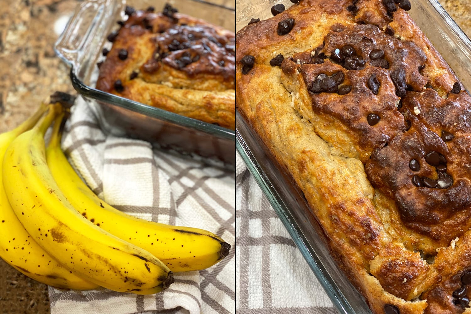 A side by side of bananas and a loaf of chocolate chip banana bread.