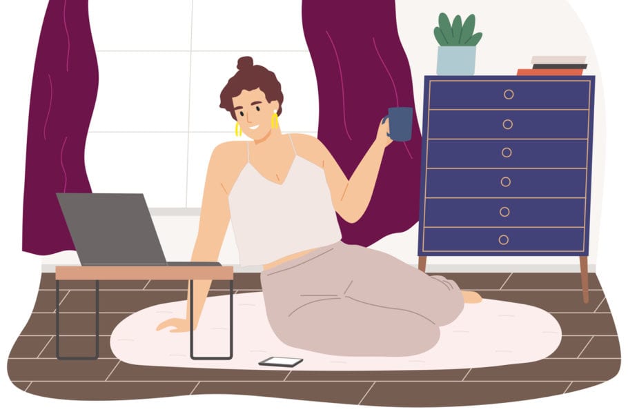 An illustration of a woman sitting on a carpet on the floor of her living room while on a laptop.