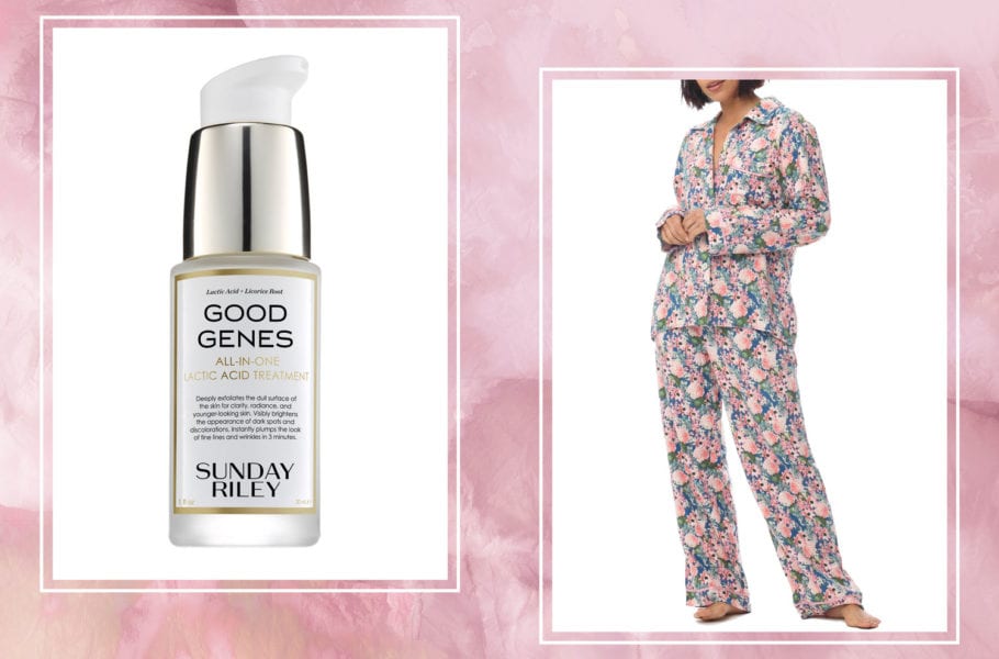 A side by side of Sunday Riley Good Genes and pink floral Papinelle pajamas.