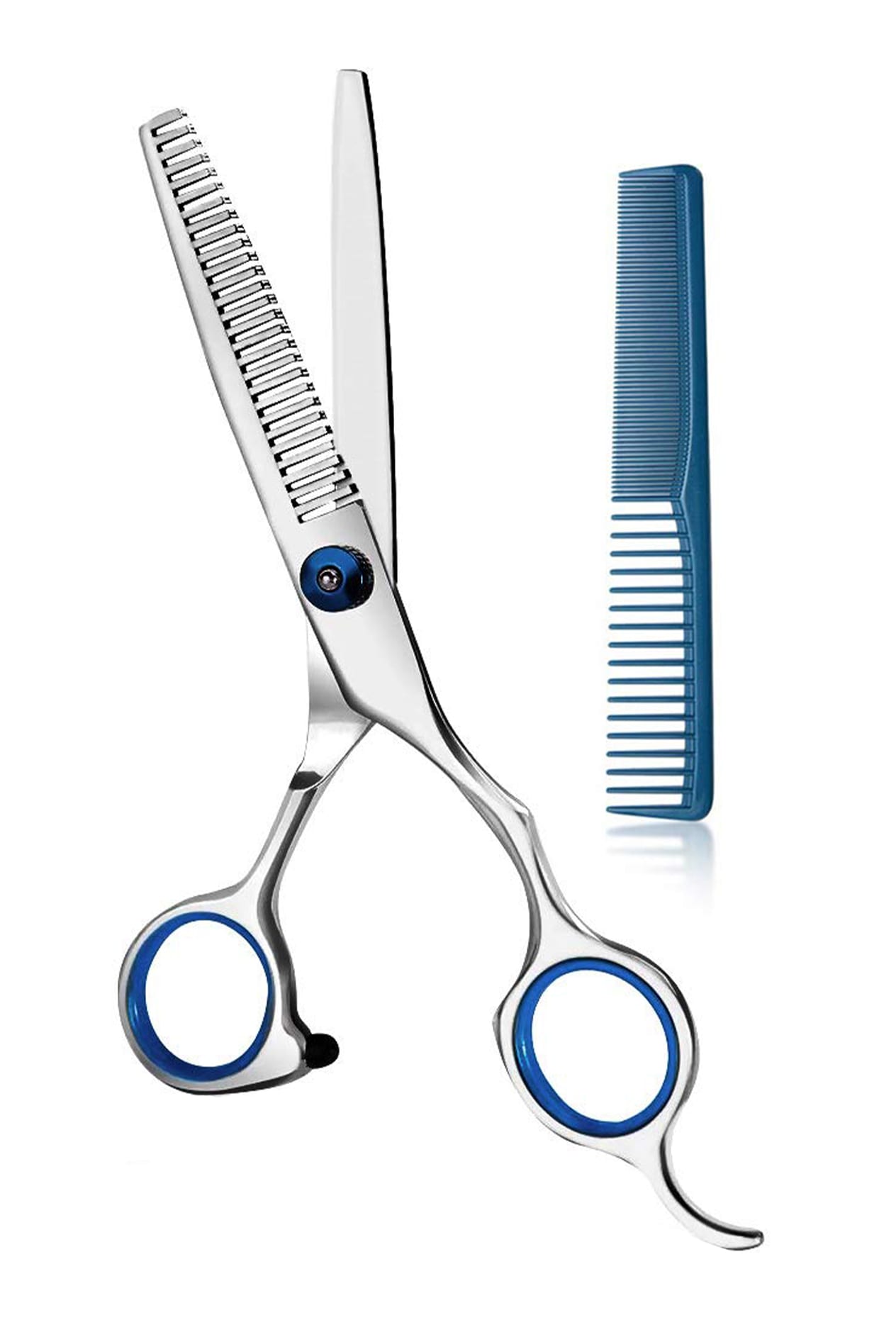 Stainless steel thinning shears and a blue comb.