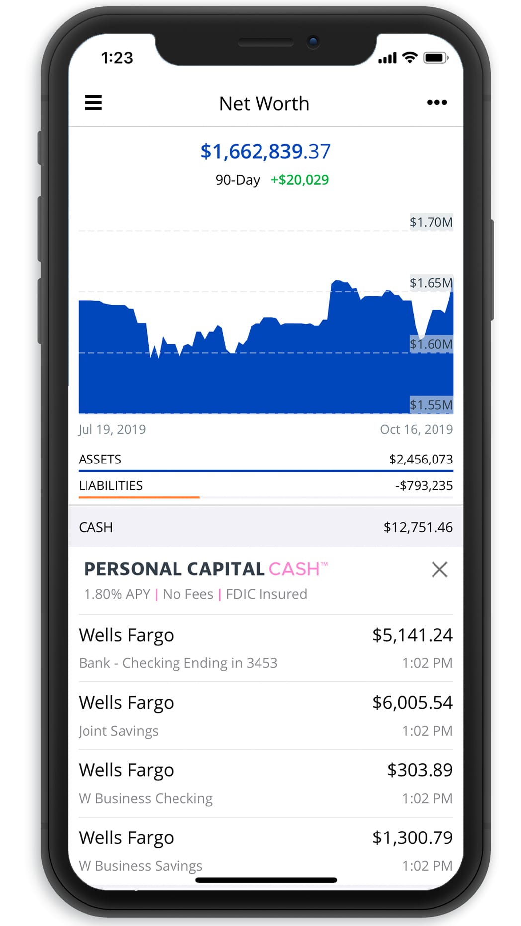 A phone showing the Personal Capital app.