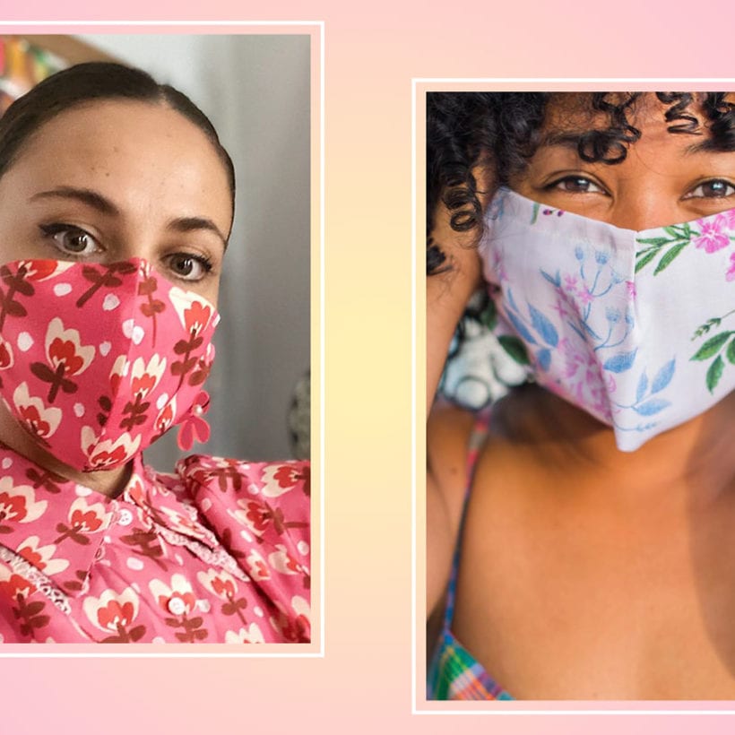 A side by side of two women wearing face masks.