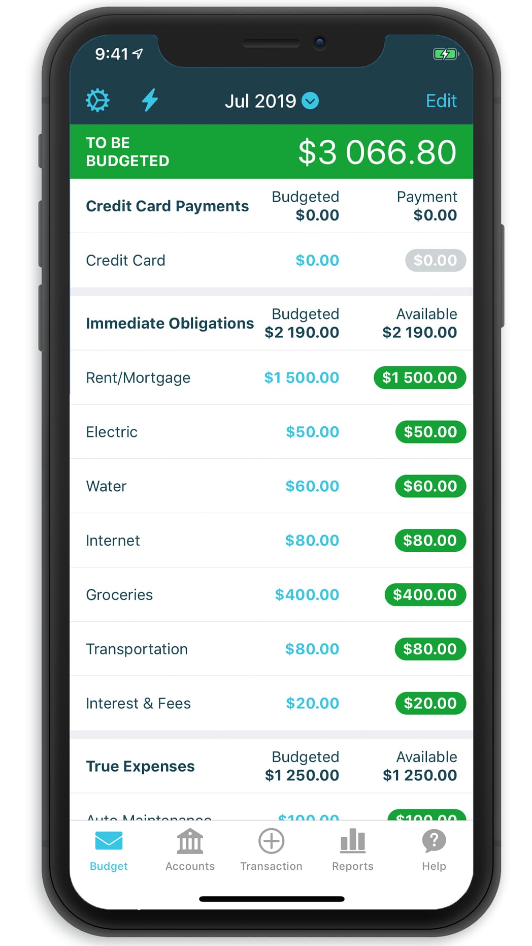 A phone using the You Need A Budget app.