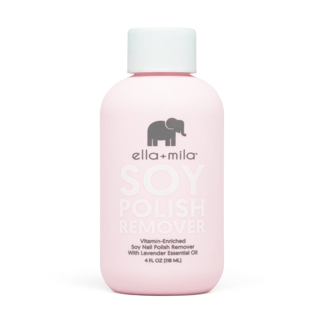 A pink bottle with a white cap of soy nail polish remover form Ella + Mila.