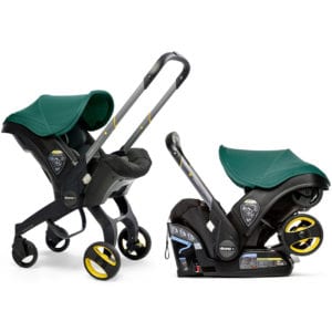 A black and green Doona Car Seat & Stroller.