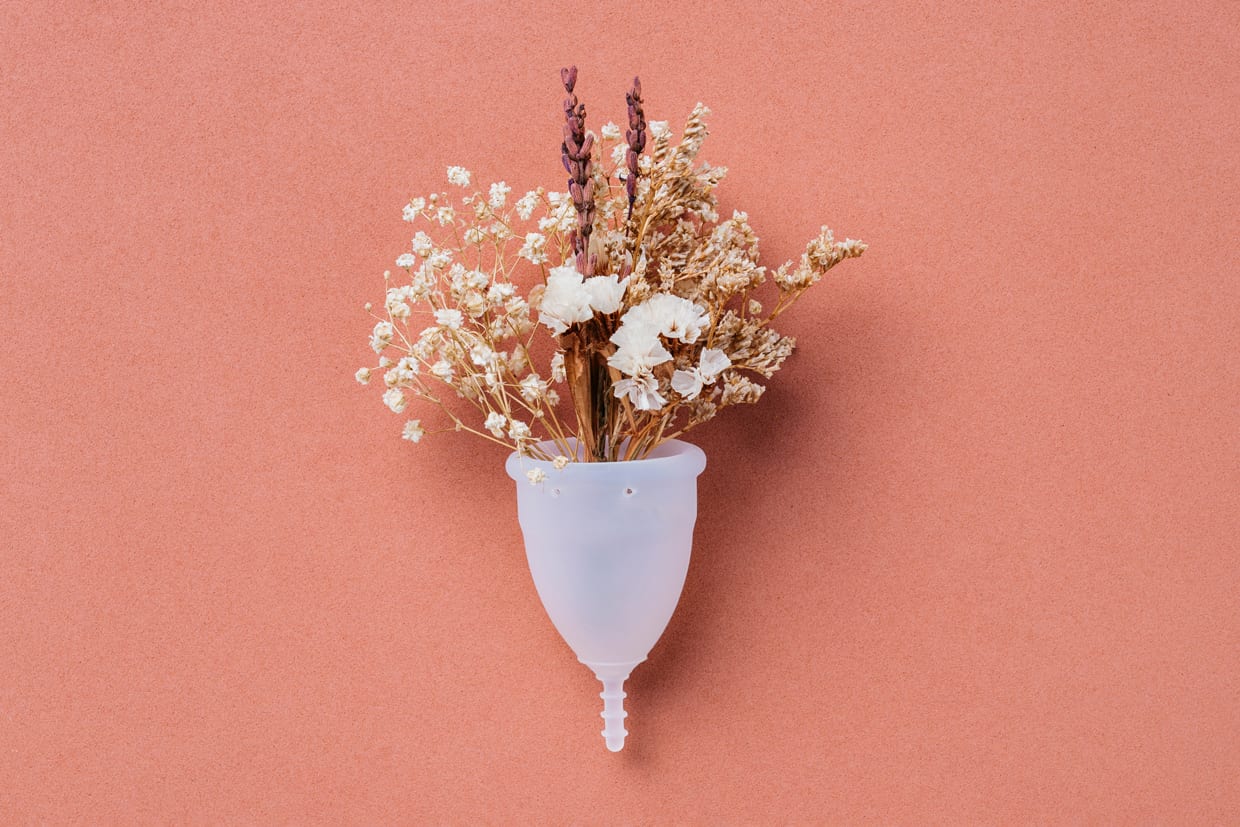 Menstrual cup containing dried flowers on a soft pink background.