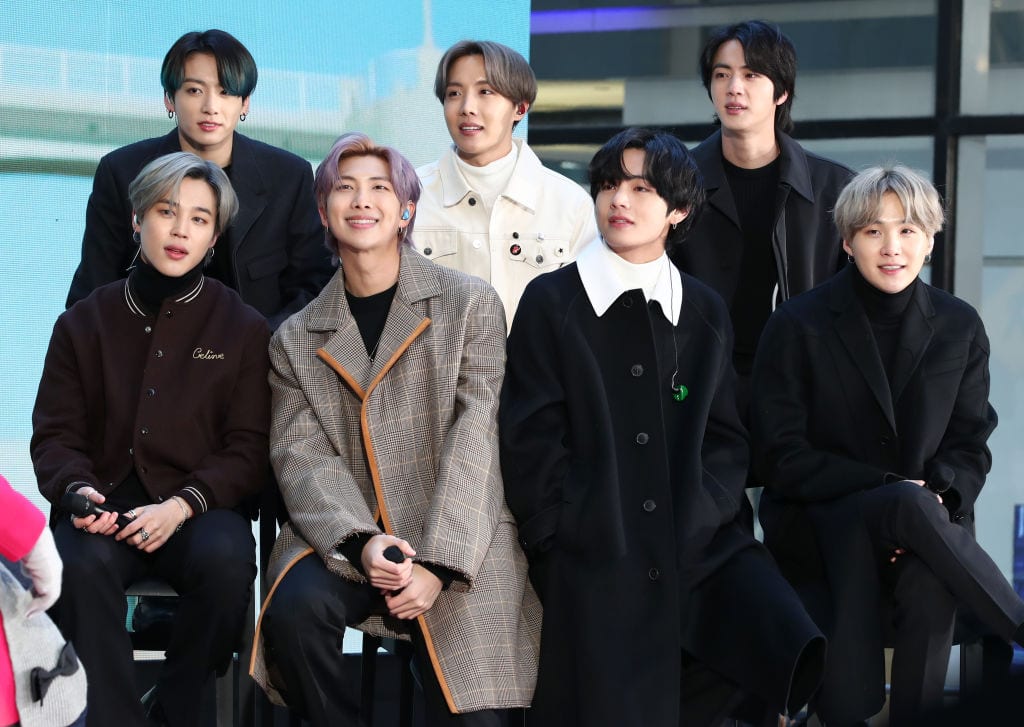 NEW YORK, NEW YORK - FEBRUARY 21: (L-R) Jimin, Jungkook, RM, J-Hope, V, Jin, and SUGA of the K-pop boy band BTS visit the "Today" Show at Rockefeller Plaza on February 21, 2020 in New York City. (Photo by Cindy Ord/WireImage)