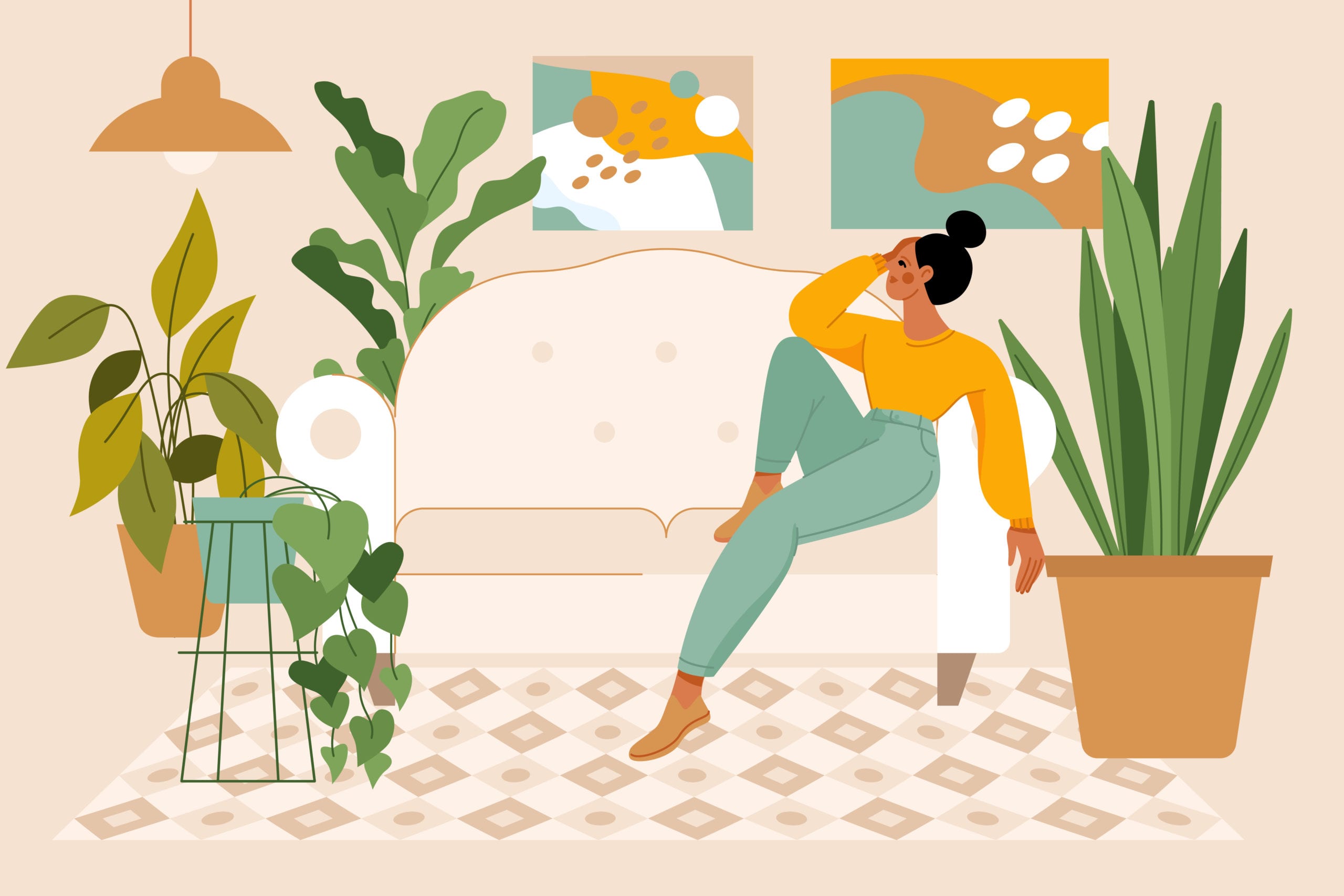 crazy plant lady, modern poster or print. Stylish girl in scandinavian interior, gardener taking care of home garden and plants, modern