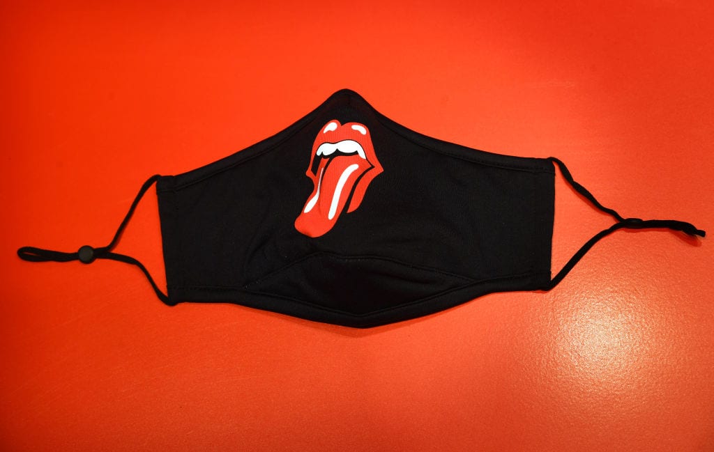 A Rolling Stones face mask on sale during the Rolling Stones Carnaby Street store opening at RS No. 9 Carnaby on September 08, 2020 in London, England.