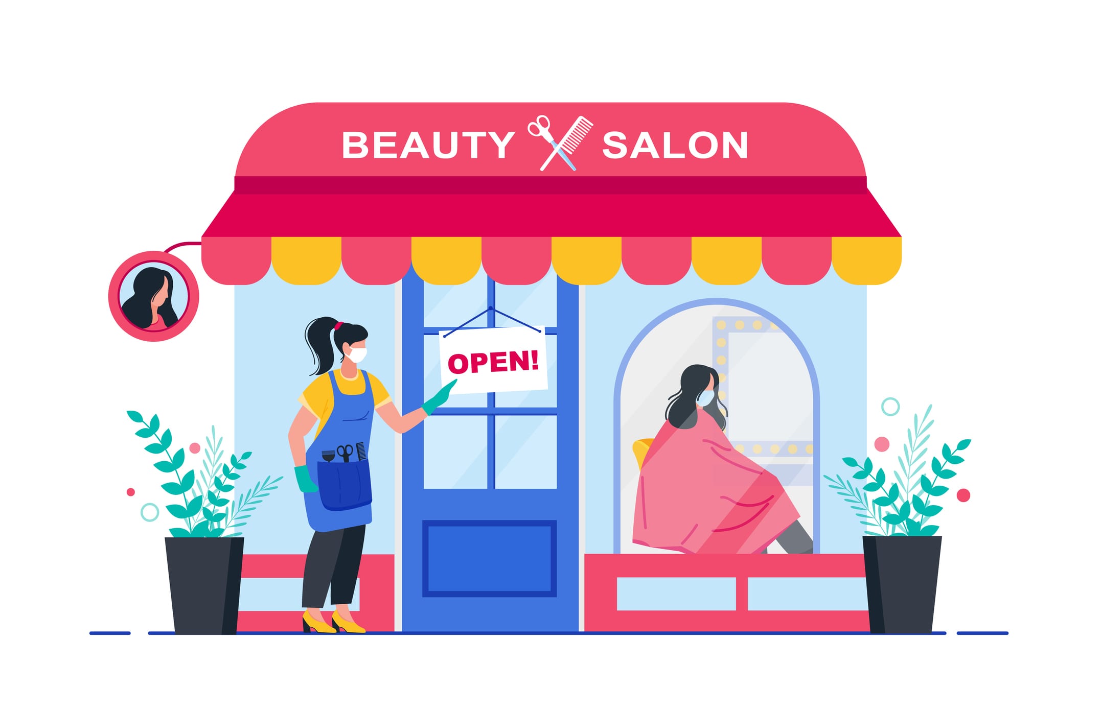 Beauty salon. Opening after quarantine. Woman or hairdresser opens a hair salon after quarantine. Banner for a beauty salon. Vector illustration