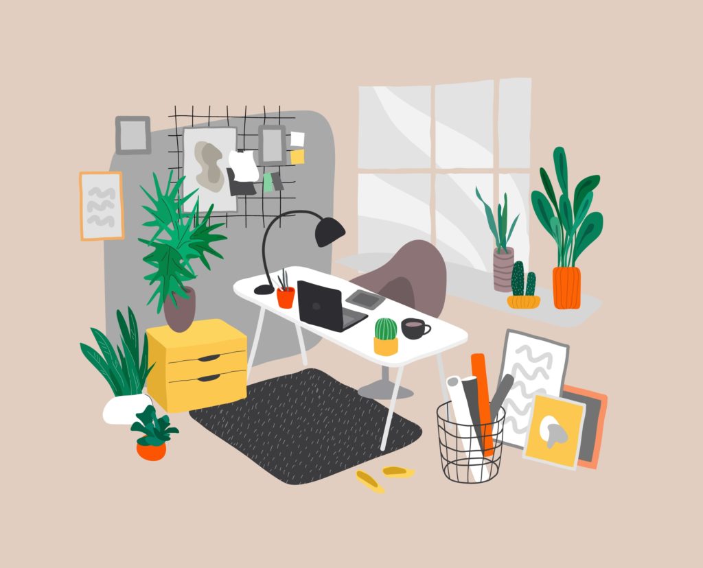 Scandinavian or Scandinavian style interior. Hand drawing style home office. Cozy interior with home plants.