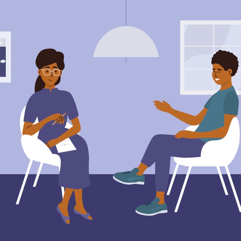 Psychological help concept. Psychotherapy session, mental problem or masculine depression treatment. Vector illustration of sad man talking to female psychologist. Male anxiety, stress, health care.