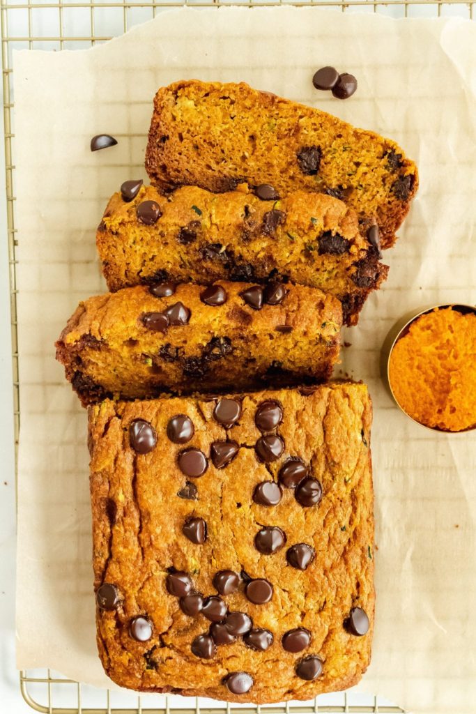 Pumpkin bread with chocolate chips on a parchment paper