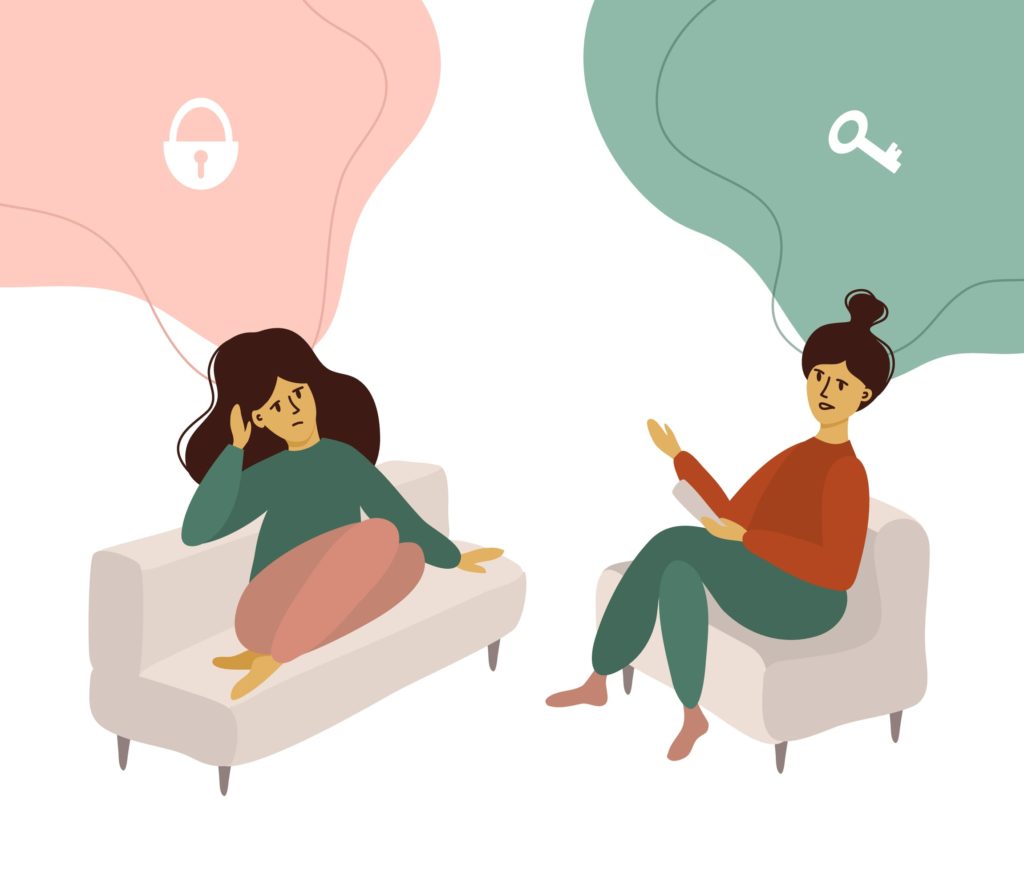 Psychotherapy, mental problem or depression treatment concept. Vector illustration of sad girl talking with psychologist. Psychology doctor looking for the key to locked mind of patient. Woman issues.