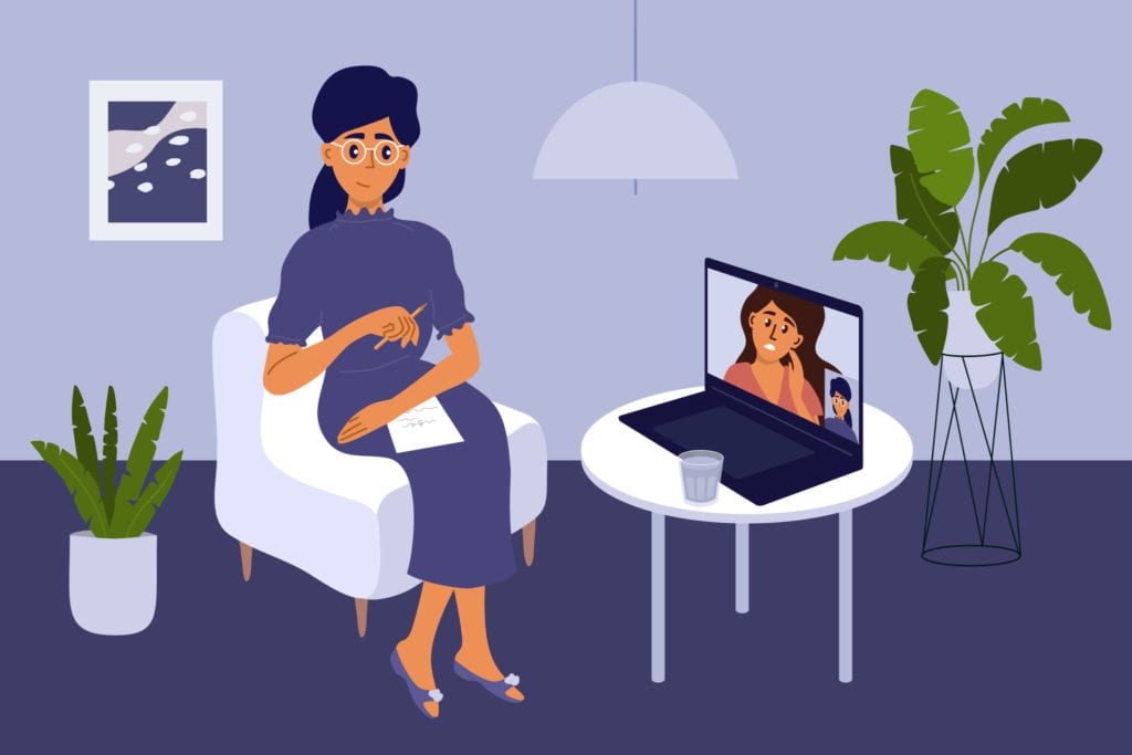 Video call with female psychologist on laptop. Psychology or psychotherapy online session or consultation. Support, medical care, help with mental problem, depressive disorders. Vector illustration.