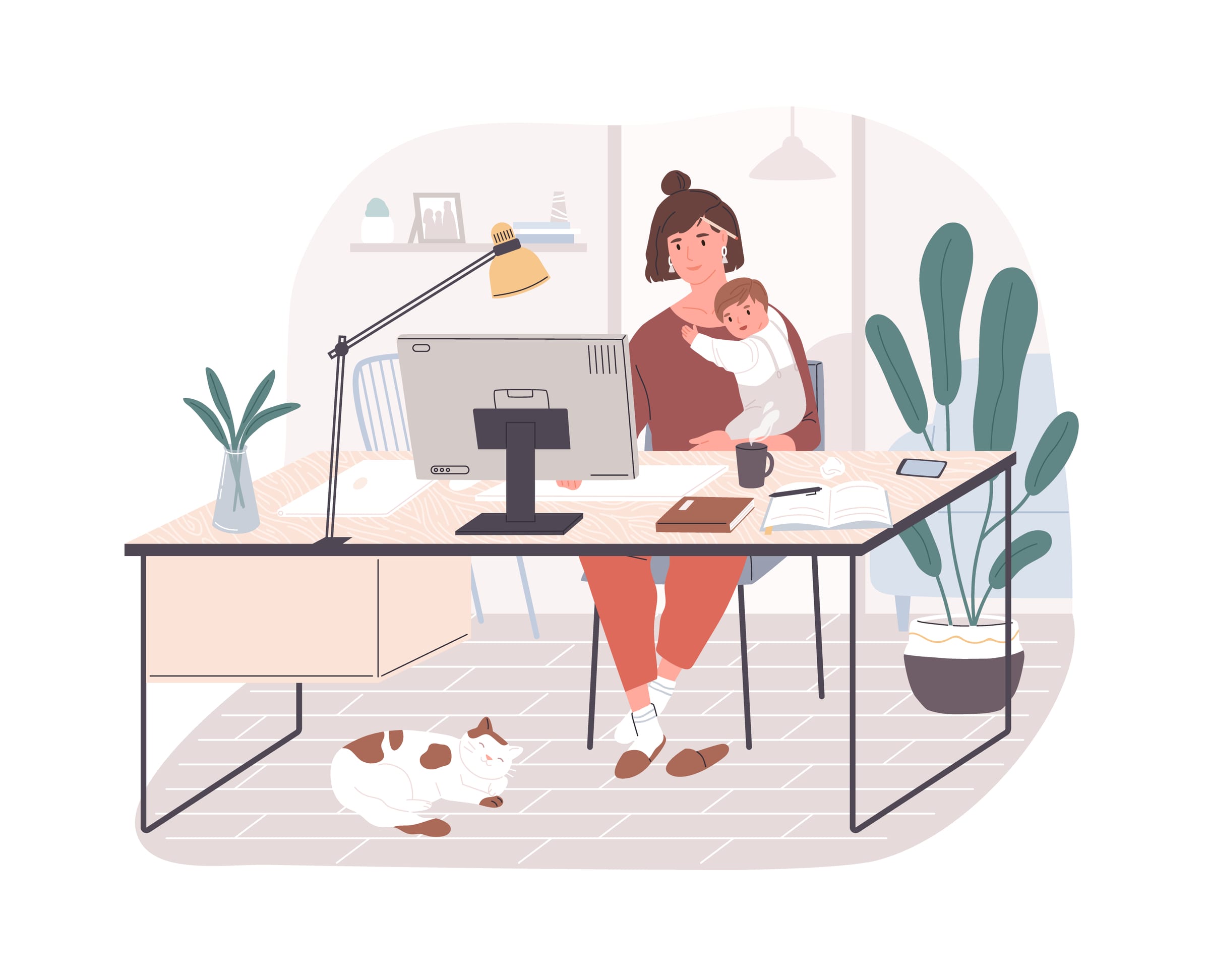Cute happy mother holding her infant baby, sitting at desk and working on computer at home. Female freelance worker with child at workplace. Maternity and career. Flat cartoon vector illustration.