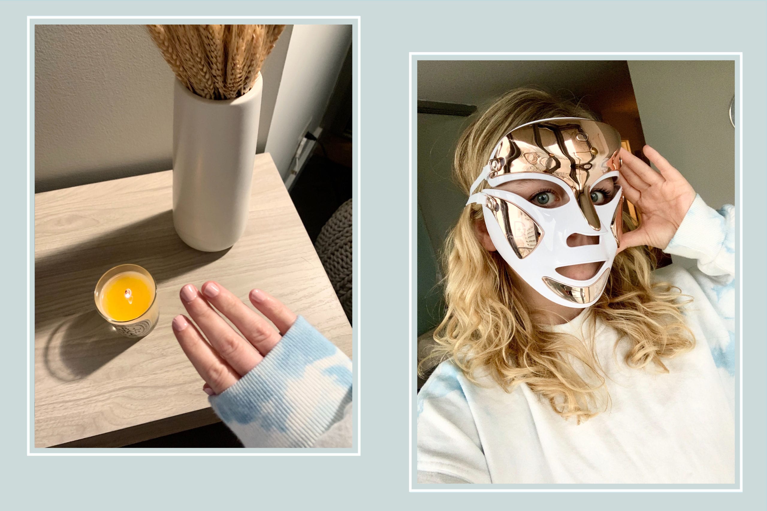 Collage with a light blue background - girl in a mask and hand with a manicure