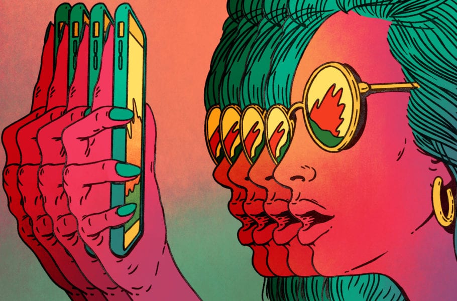 Illustration of beautiful girl wearing stylish glasses and looking in amazement with open mouth lips at her phone screen.