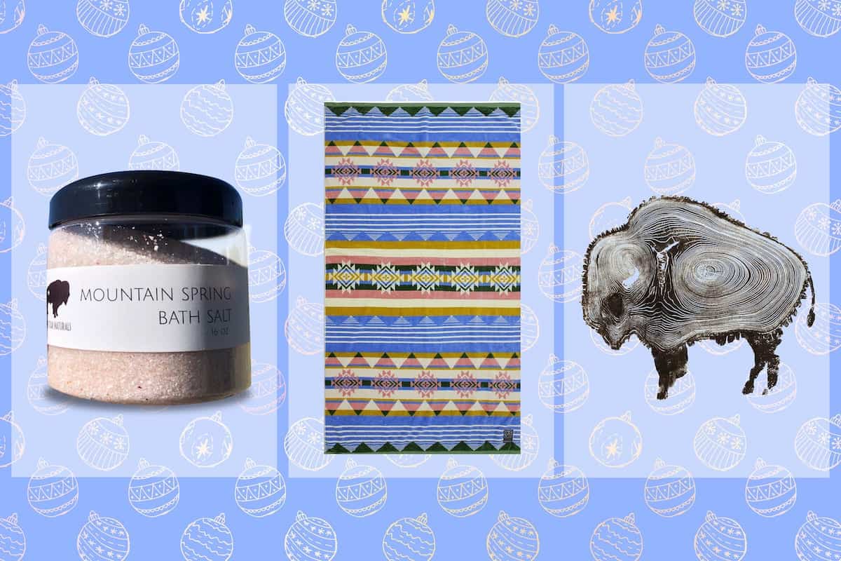 Indigenous-owned brands on the festive blue background with ornaments