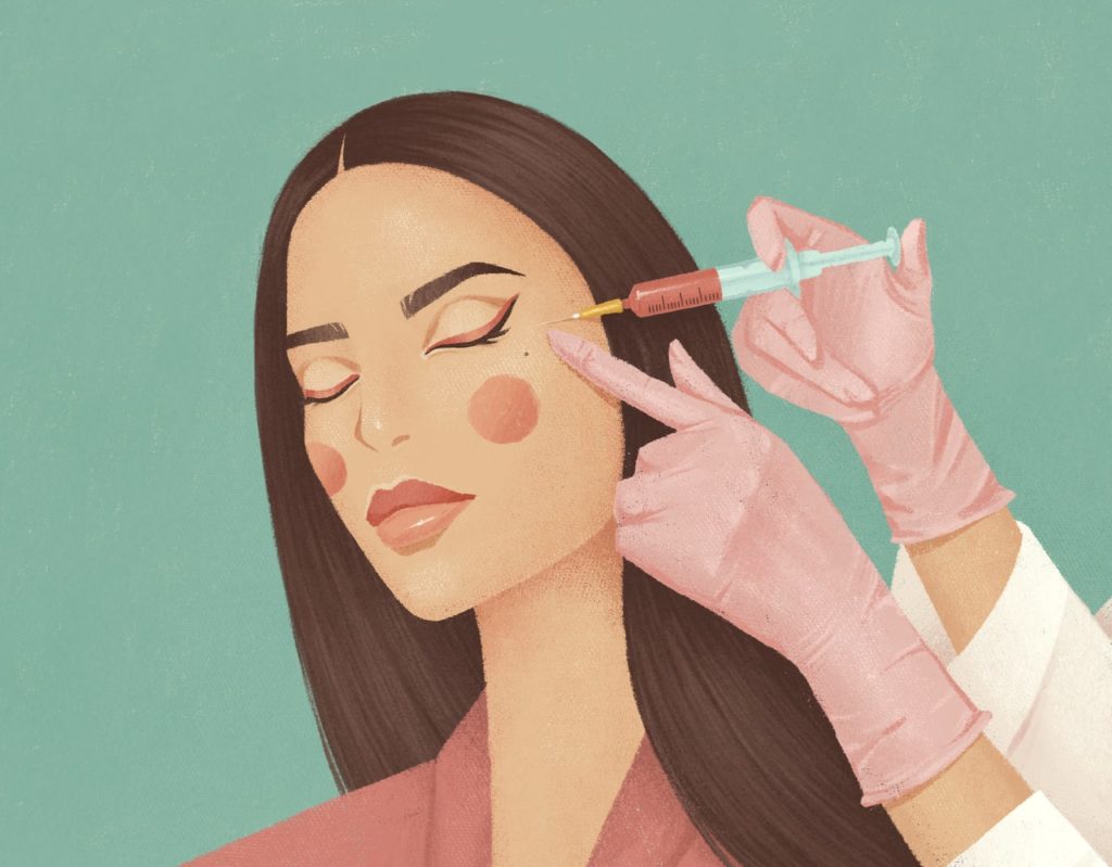Cosmetologist does prp therapy anti wrinkle and aging skin on the face of a beautiful woman in a beauty salon. Cosmetology concept.