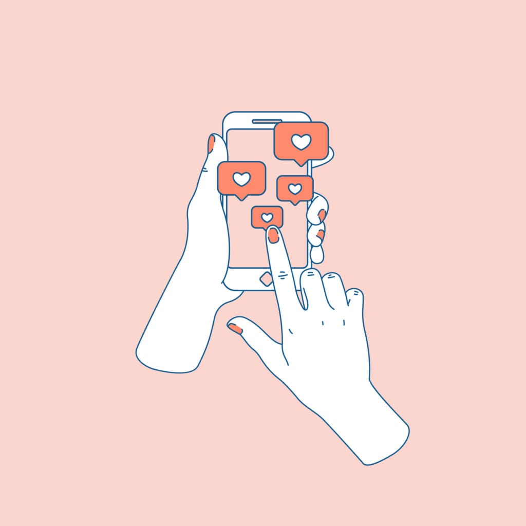 Social media like. Woman hand with smartphone. Following notification. Vector illustration