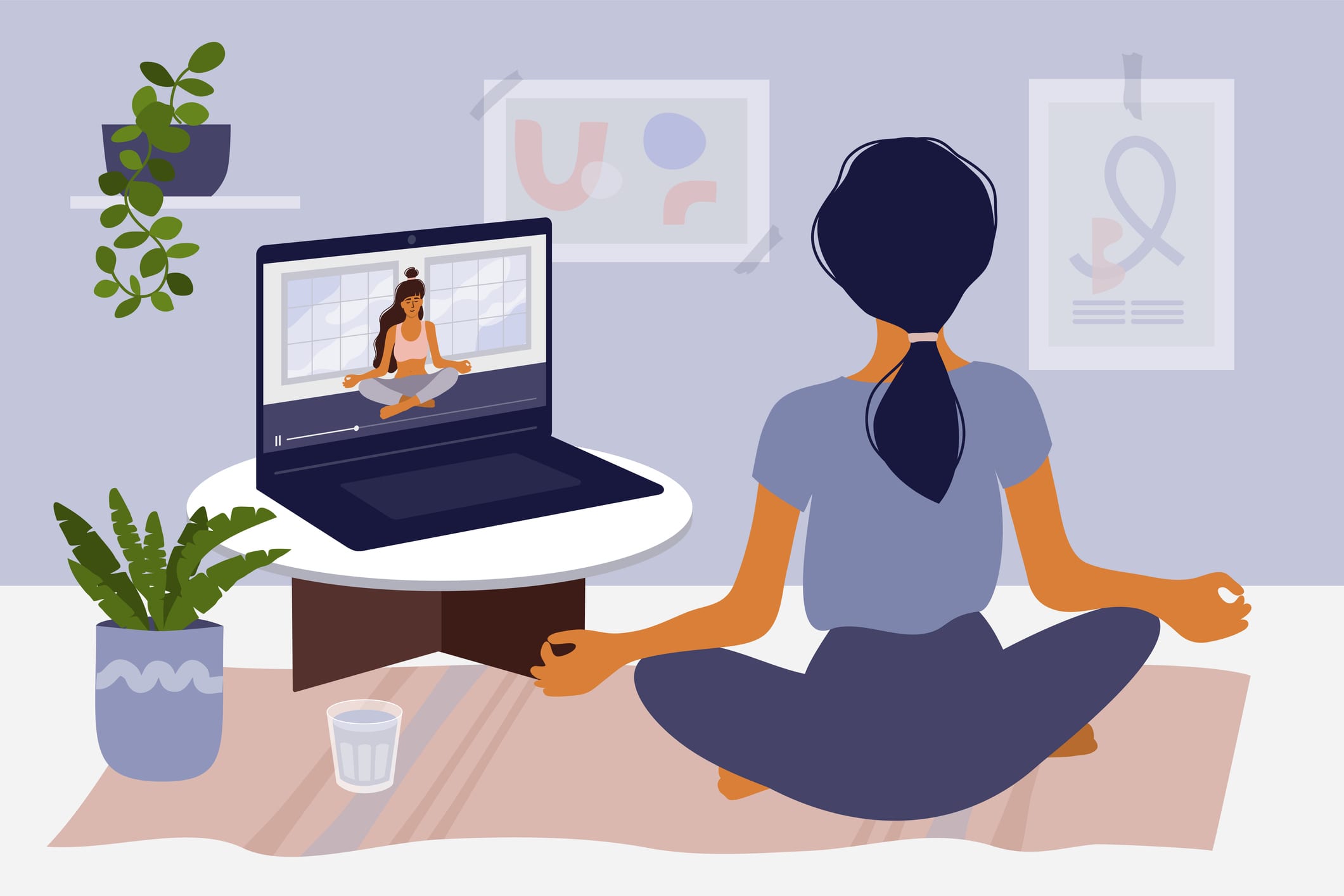 Stay home concept. Girl watching online classes on laptop, practicing yoga, meditation. Live stream, internet education. Woman doing exercise in cozy modern interior. Home activity vector illustration