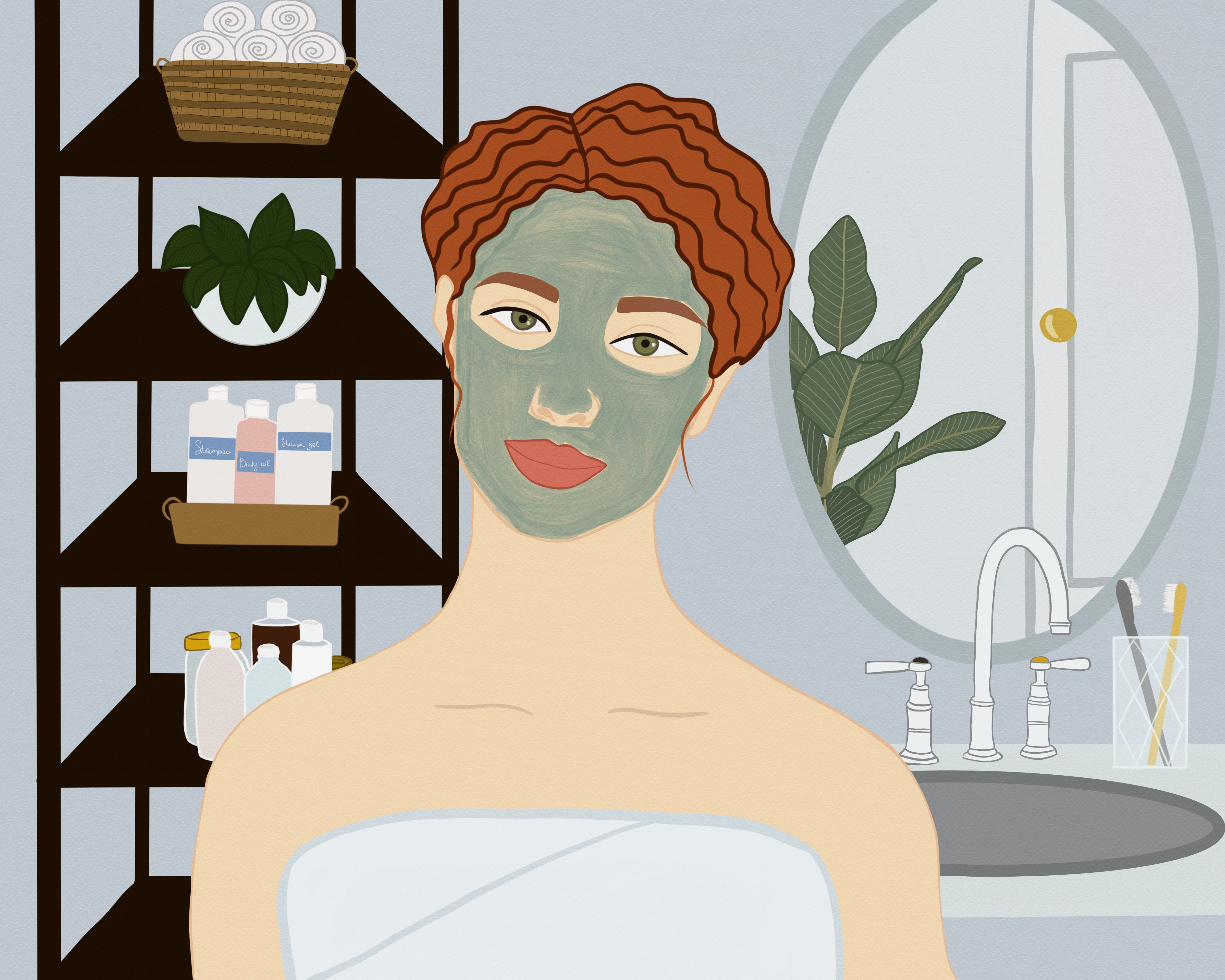 Vector illustration of ginger female with mud mask on face during skin care routine at home