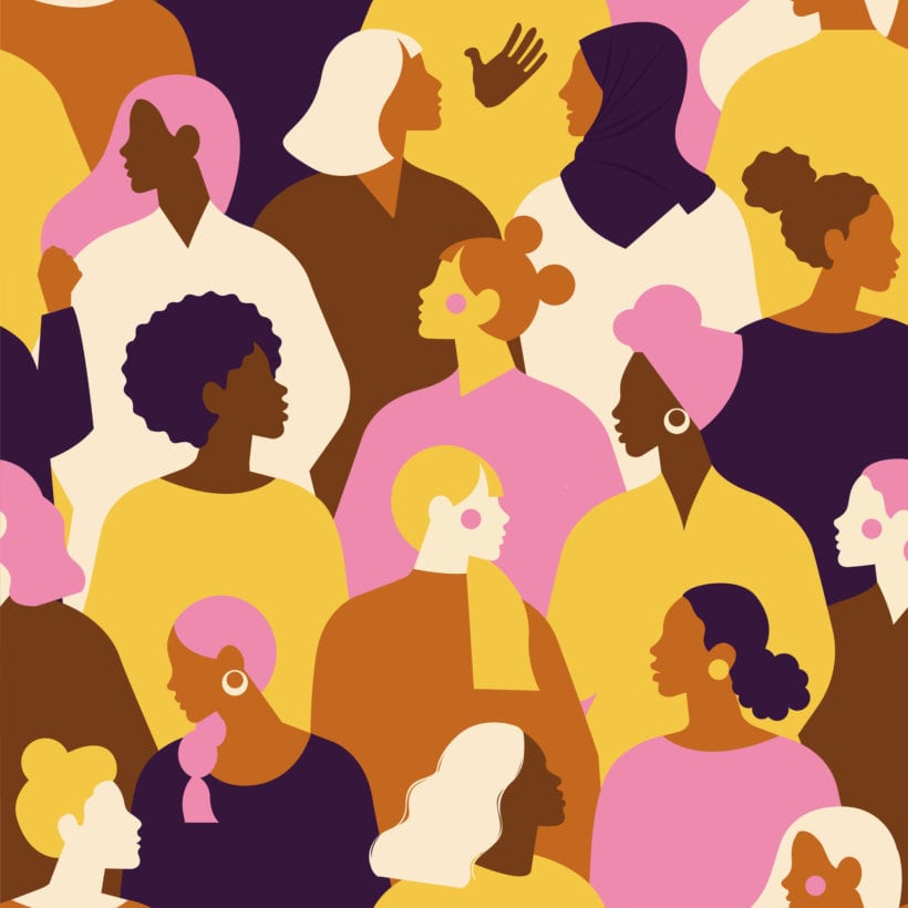 Female diverse faces of different ethnicity seamless pattern. Women empowerment movement pattern. International women's day graphic in vector.
