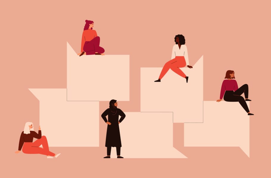 Strong girls different nationalities and cultures sit near the big speech bubbles. Women's friendship, union of feminists or sisterhood. The concept of the female's empowerment movement.