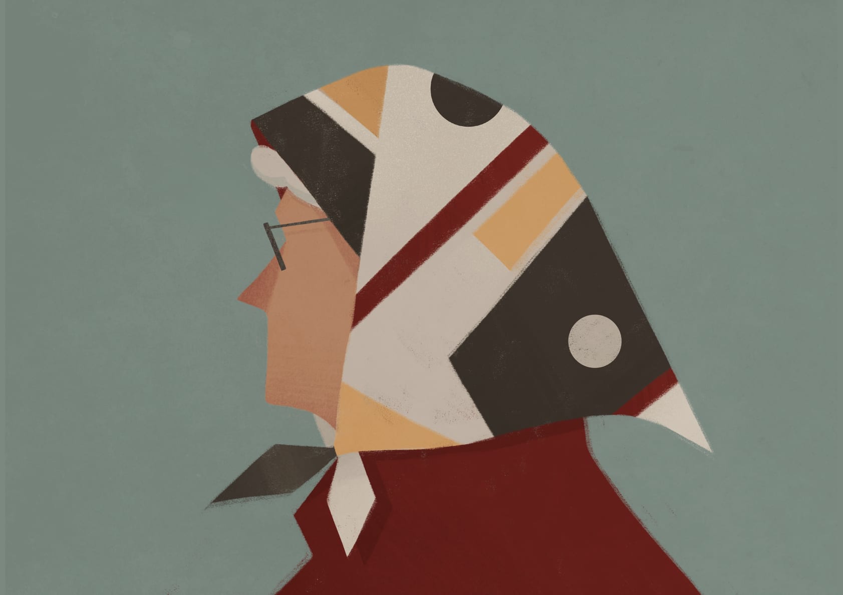 Profile Portrait Of A Grandmother In A Headscarf. Aging Up Concept