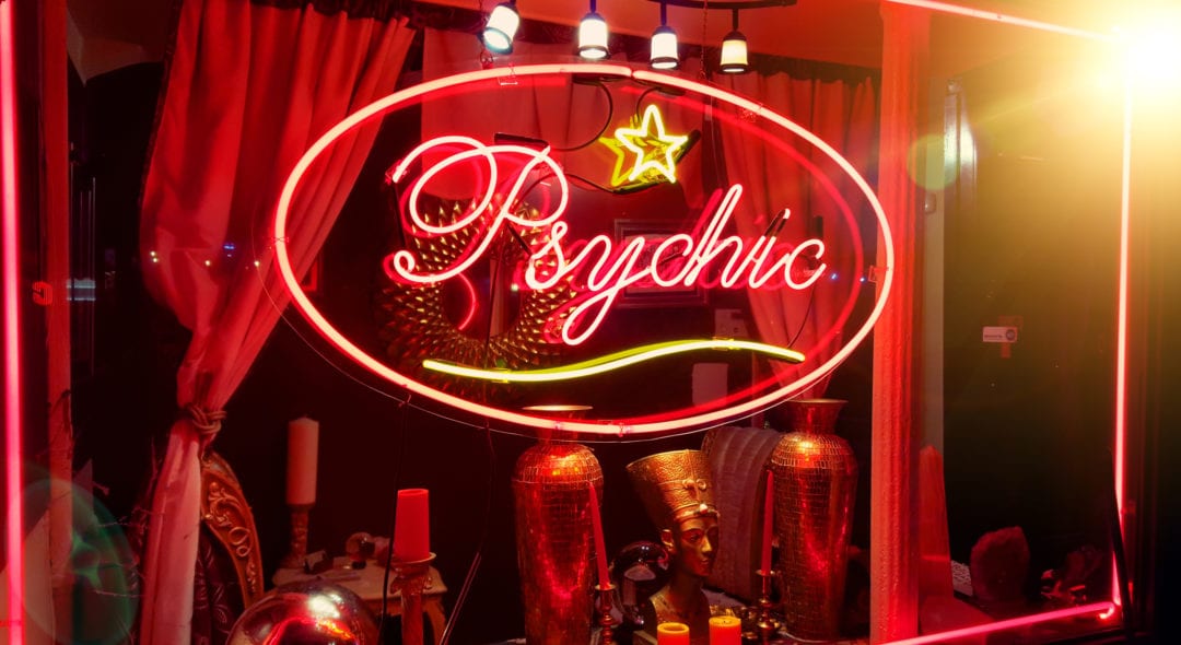 Store window of a psychic parlor in the East Village, Manhattan, New York City