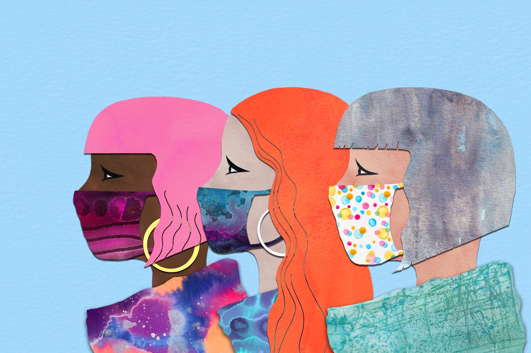 A watercolour collage, of three women in profile all wearing a colourful face mask