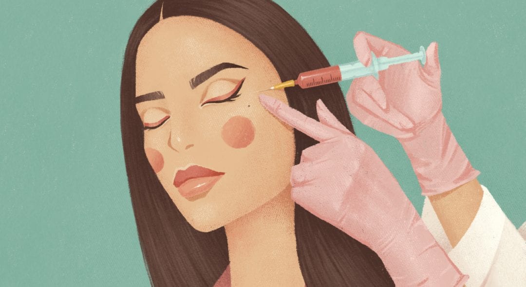 Cosmetologist does prp therapy anti wrinkle and aging skin on the face of a beautiful woman in a beauty salon. Cosmetology concept.