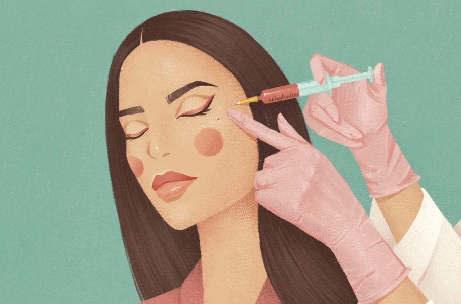 Cosmetologist does prp therapy anti wrinkle and aging skin on the face of a beautiful woman in a beauty salon. Cosmetology concept.