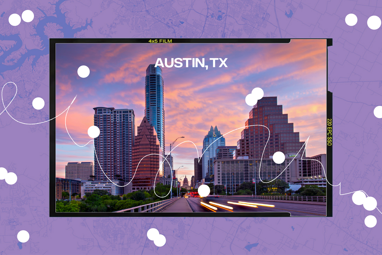 collage of Austin, Texas skyline on map background