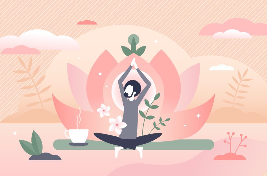 Holistic healing as man soul meditation and inner peace tiny person concept. Healthy male relaxation as body and mind treatment vector illustration. Spiritual wellness lifestyle with yoga harmony.