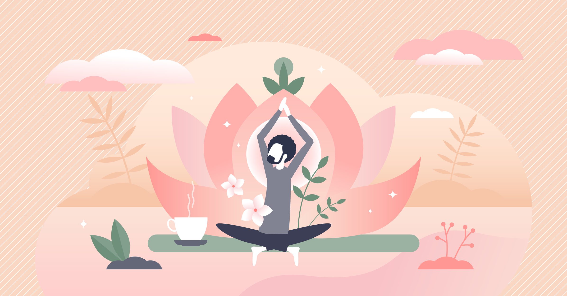 Holistic healing as man soul meditation and inner peace tiny person concept. Healthy male relaxation as body and mind treatment vector illustration. Spiritual wellness lifestyle with yoga harmony.